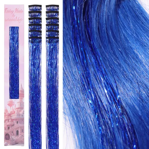 Miniatura 59 de Wennalife 12 piezas de extensiones de cabello azul con clip, extensiones de cabello con clip de colores para niños, pinzas de cabello arcoíris