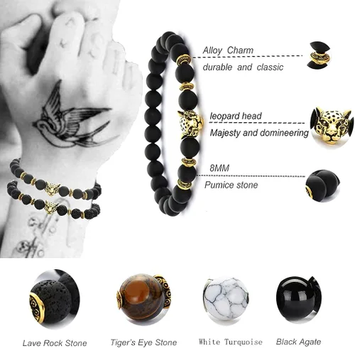 Miniatura 7 de SONNYX - Juego de 12 pulseras de cuentas de piedra de lava de 0.315in para hombres y mujeres, diseño de corona, rey de león, cabeza de leopardo