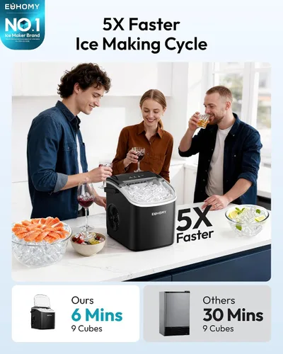 Miniatura 2 de EUHOMY Máquina para hacer hielo para encimera con asa, 26.2 libras por día, 9 cubos de bala en 6 minutos, máquina de hielo portátil autolimpiante