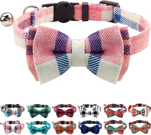 Joytale Collar de gato mejorado con campanas, collares de gato separables con corbatín, 1 paquete de collares de gatito de cuadros de seguridad para