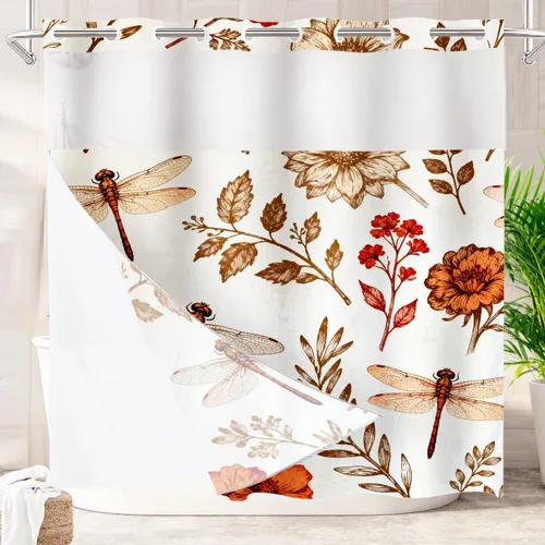 Miniatura 45 de Batmerry Cortina de ducha decorativa botánica con hojas blancas, flores románticas, borde victoriano, libélula y flores silvestres, bonita y ancha