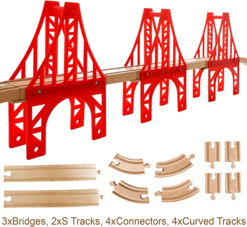 Miniatura 2 de Puentes de tren de madera, 3 puentes colgantes, accesorios de madera para vías de tren, pista de tren de madera, vías de tren compatibles con todas