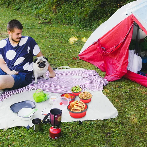 Miniatura 3 de Guyuyii Paquete de 4 Cuencos Plegables de Silicona con Tapas - Recipientes Redondos Anidables de Almacenamiento de Alimentos para Camping, RV y Rojo