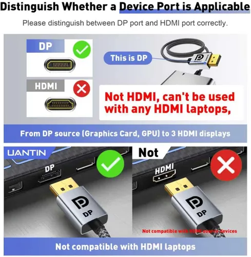 Miniatura 5 de UANTIN Divisor DisplayPort a HDMI para 3 monitores, adaptador de pantalla extendida 4K @60Hz, 1 DP en 3 salidas HDMI MST Hub para múltiples