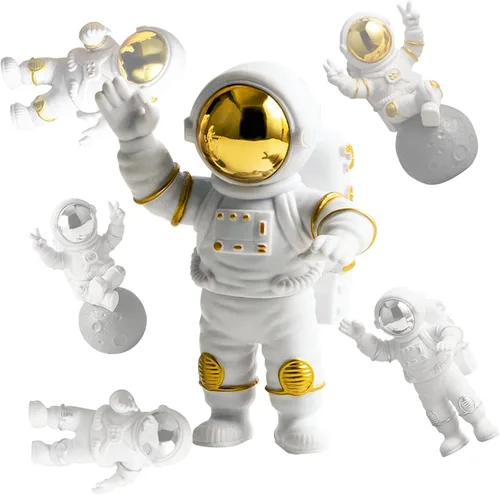 Miniatura 12 de Juego de 4 piezas de decoración de estatua de astronauta, adorno de figura de astronauta de poliresina azul, 3 piezas de espejo y 1 llavero
