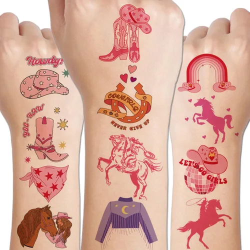 CHARLENT Tatuajes temporales de vaquera para niños, suministros de fiesta, tatuajes temporales de vaquera occidental para niñas, regalos de fiesta