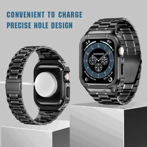 Miniatura 4 de MioHHR Correa de Acero Inoxidable para Reloj con Estuche Compatible con Correas de Apple Watch 40/41 mm, Correa Resistente con Cubierta Protectora