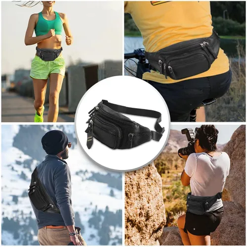 Miniatura 2 de Riñonera multifunción de cuero genuino para hombres y mujeres, múltiples bolsillos y cremalleras resistentes, ideal para senderismo, correr