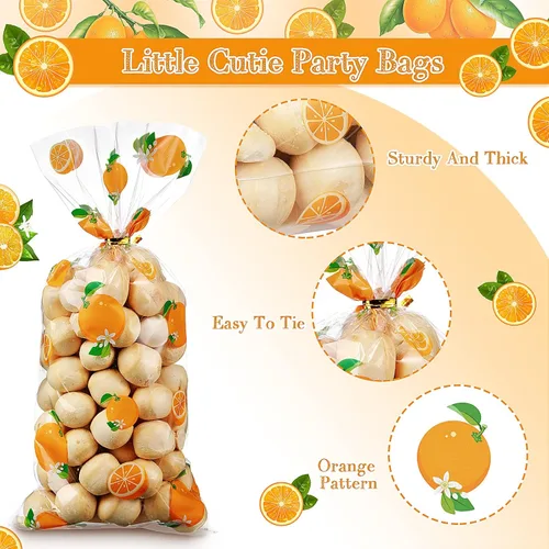 Miniatura 3 de Pajean 100 bolsas para baby shower, color naranja, de plástico, celofán, con 100 lazos dorados para galletas, aperitivos para fiesta de cumpleaños
