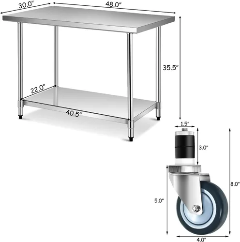Miniatura 3 de Giantex Mesa de trabajo de acero inoxidable de 48 x 30 pulgadas con 4 ruedas giratorias, mesa de preparación resistente con estante inferior