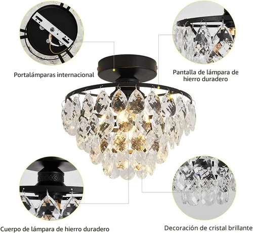 Miniatura 9 de YYJLX Lámpara de techo moderna de cristal pequeña, mini accesorio de luz de araña de montaje semiempotrado negro para pasillo, dormitorio, baño