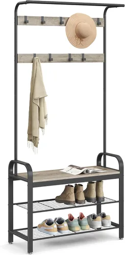 Miniatura 9 de VASAGLE Perchero, árbol de pasillo con banco de zapatos para entrada, banco de entrada con perchero, 4 en 1, con 9 ganchos extraíbles, una barra