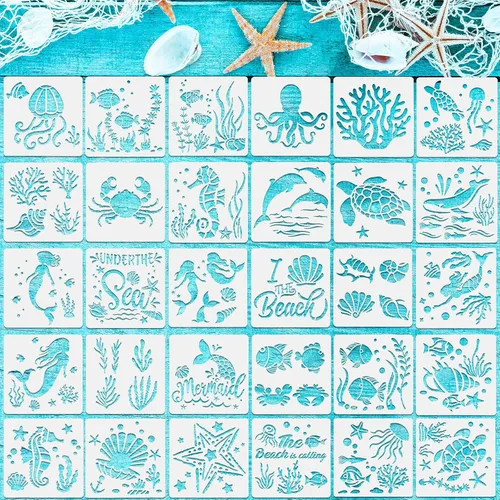 30 plantillas de criaturas marinas y oceánicas de 5 x 5 pulgadas para pintar animales marinos, plantillas de patrón de bricolaje, plantillas de