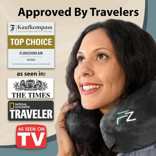 Miniatura 8 de FLOWZOOM Almohada inflable para el cuello para viajar en avión, almohada de avión con capucha en forma de H con 5 modos de repetición, inflado Negro