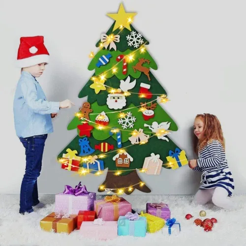 Miniatura 4 de Árbol de Navidad de fieltro Montessori para niños pequeños, árbol de Navidad de 3.2 pies de DIY para pared con 32 adornos y luces LED, árbol