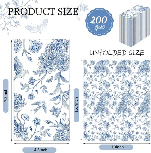 Miniatura 2 de Tatuo 200 piezas de servilletas de papel azul floral, toallas de mano desechables para baño, servilletas decorativas para invitados, papel