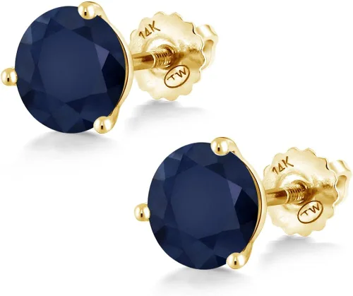 Miniatura 3 de Gem Stone King Aretes de tuerca de oro amarillo de 14 quilates con zafiro azul para mujer de 3 puntas con rosca trasera para mujer