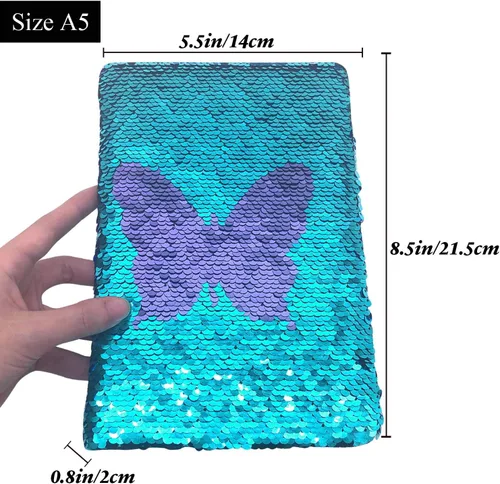 Miniatura 6 de GINMLYDA Diario de lentejuelas para niñas de 8.5 x 5.5 pulgadas, 160 páginas rayadas para niñas, cuaderno reversible de mariposa con secuencia