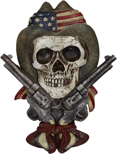 Ebros Gift Western Old Grit - Figura decorativa de calavera de vaquero vintage con sombrero de bandera de Estados Unidos y pistolas cruzadas, 9.25