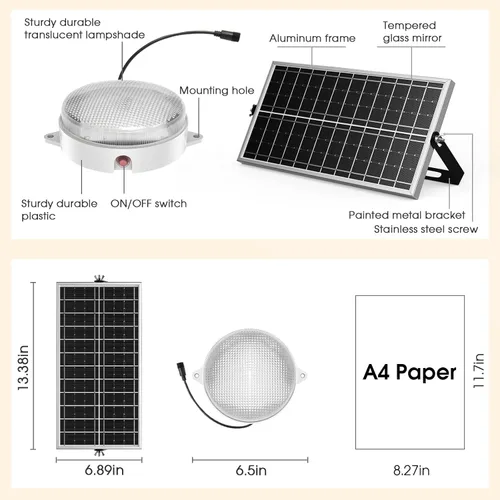 Miniatura 8 de Paquete de 2 luces solares de techo, diurna y nocturna, 3200 K/4000 K/6000 K, luces de cobertizo regulables con interruptor de encendido/apagado
