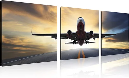 Miniatura 12 de TutuBeer 3 Panels Airplane Wall Art Airplane Posters for Walls Aircraft at Sunrise Plane Pictures for Living Room Bedroom Boys Room Home Decor