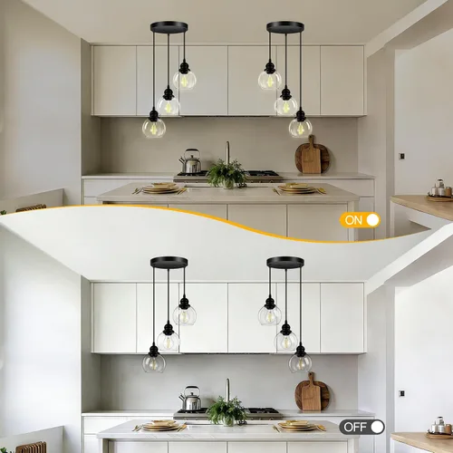 Miniatura 6 de Lámpara colgante de 3 luces, lámpara de techo colgante con pantalla de vidrio transparente, color negro mate, iluminación colgante de altura