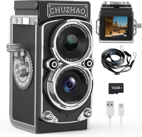 Mini cámara digital vintage, cámara digital portátil retro de doble lente estilo reflejo con tarjeta de 16 GB, fotos de 12 MP, enfoque automático,