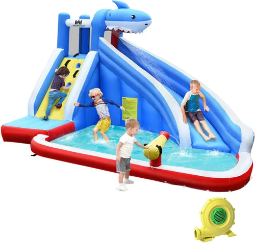 Miniatura 9 de BOUNTECH - Tobogán acuático inflable, parque de toboganes acuáticos con temática de tiburón para niños y adultos, diversión al aire libre