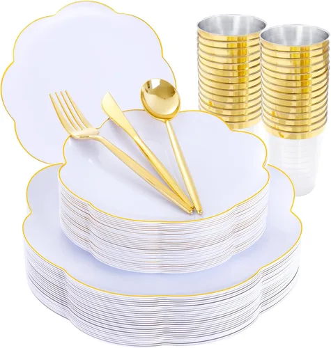 Miniatura 13 de ejonirinjonir EI - 180 platos de plástico beige con cubiertos de plástico dorado, platos desechables de alta resistencia para fiestas, juego