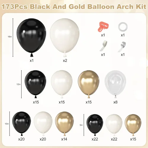 Miniatura 3 de Amandir Kit de guirnalda de arco de 173 globos negros y perlas, blanco perla, negro, cromado, dorado, globos transparentes para graduación