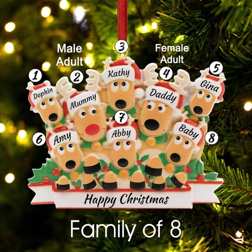 Miniatura 4 de Adorno personalizado de ciervo para árbol de Navidad, familia de 2,3,4,5,6,7,8 nombres, lindo reno de Papá Noel, decoración de Navidad 2025, regalo