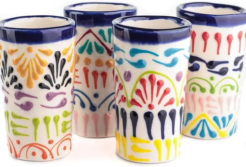Miniatura 27 de Juego de 4 vasos de chupito Talavera auténticos mexicanos para tequila - Pintados a mano - 2 Oz (Flores naranjas)