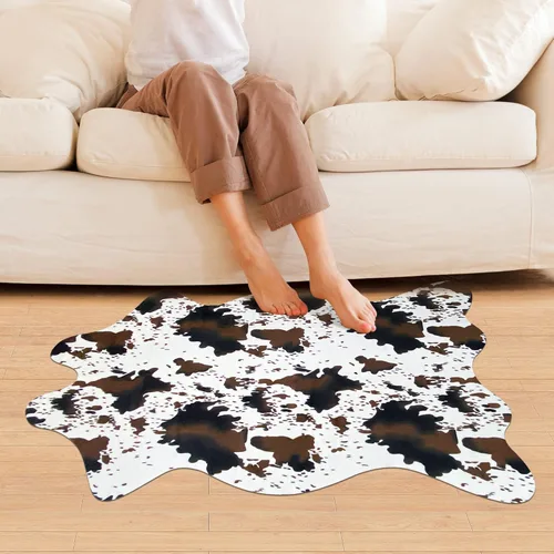 Miniatura 10 de Bonita alfombra con estampado de vaca, pequeña de piel sintética de vaca en blanco y negro, alfombra con estampado animal para mesa, dormitorio