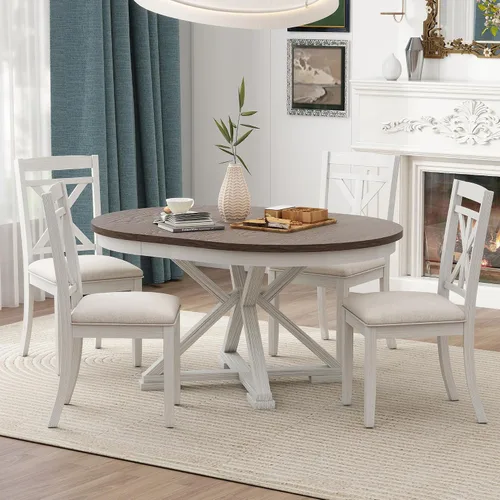Miniatura 10 de Harper & Bright Designs Juego de mesa de comedor de madera de 5 piezas, mesa de comedor redonda extensible con 4 sillas de comedor, juego de cocina