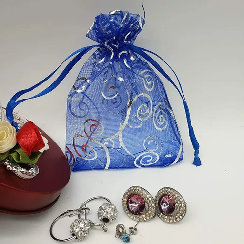 Miniatura 3 de 100 unidades por paquete, bolsas de envoltura de regalo de 5 x 7 pulgadas, ratán azul, tela transparente de organza, bolsas con cordón para regalos