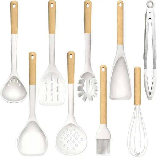 Juego de utensilios de cocina de silicona grandes – Utensilios de cocina de silicona resistentes al calor para cocinar con asas de madera, juego de