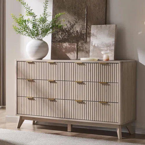 Miniatura 24 de T4TREAM Cómoda acanalada de 3 cajones, cómoda moderna de 32 pulgadas de alto, diseño de perfil curvo, organizador de cajones de madera para Aliso