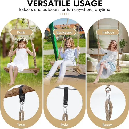 Miniatura 5 de 2026 Upgraded Wooden Swing Seat, 18"x 8", Hanging Tree Swing, 500lbs Load, Adjustable Hemp Rope & Tree Straps, Indoor/Outdoor Swings