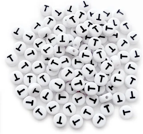 Miniatura 4 de 100 cuentas de letras acrílicas de 0.16 x 0.27 pulgadas (0.157 x 0.276 in) para hacer joyas, cuentas redondas blancas de la letra T para hacer 1Flat