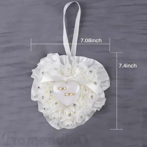 Miniatura 7 de Framendino, Forma de corazón blanco anillo de boda almohada elegante decoración cojín portador caja con lazo de cinta