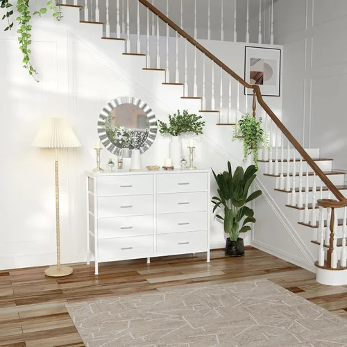 Miniatura 7 de BOLUO Cómoda Blanca para Dormitorio de 8 Cajones, Cómoda Ancha Soporte de TV para TV de 50", Cómodas y Aparadores con Cajones, Cómoda de Tela