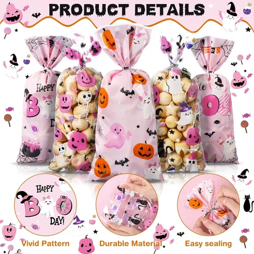 Miniatura 3 de Yeaqee 100 bolsas de regalo Little Boo Baby Shower – Bolsas rosadas de dulces de Halloween – Bolsas de regalo a granel para niños regalos de fiesta