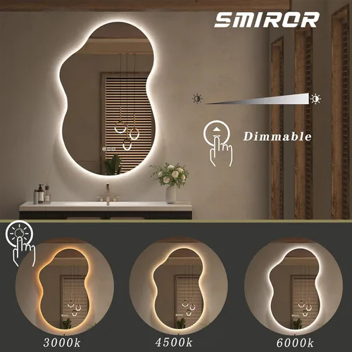 Miniatura 5 de SMIROR Espejo de Baño Retroiluminado Irregular con Luces 20 x 32, Espejo de Tocador con Luz LED Asimétrica en Forma de Nube para Pared