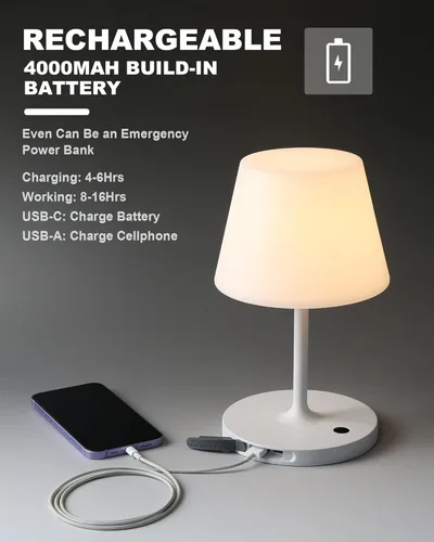 Miniatura 5 de WEILAILUX Lámpara de mesa para exteriores operada por batería, impermeable, lámpara de mesa inalámbrica recargable de 4000mAh, lámpara de escritorio