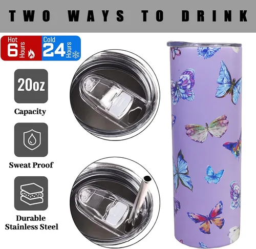 Miniatura 5 de IchDich Vaso de mariposa con tapa y popote de 20 onzas, vaso aislado de acero inoxidable con diseño de mariposa morada, botella de agua, taza