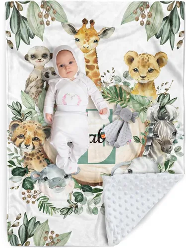 Miniatura 13 de Manta de bebé personalizada, nombre personalizado con diseño de animales del bosque, manta de felpa suave con respaldo punteado de doble capa
