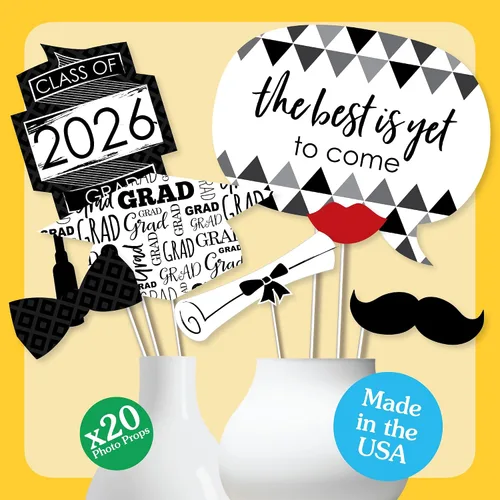 Miniatura 7 de Big Dot of Happiness Accesorios de graduación en blanco y negro para sesión de fotos 2026, juego de 20 unidades de accesorios de cabina de fotos