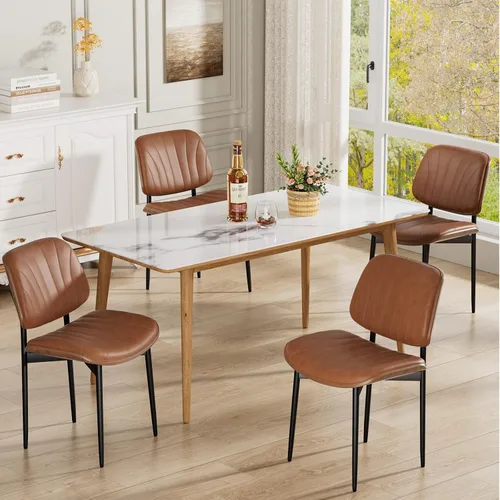 Miniatura 37 de REONEY - Juego de 4 sillas de comedor, modernas de mediados de siglo, tapizadas en piel sintética PU con respaldo de madera curvada de nogal y patas