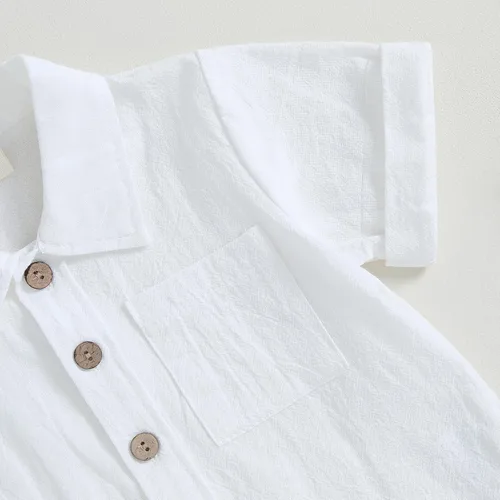 Miniatura 5 de AEEMCEM Conjunto de 2 piezas de camisa y pantalones cortos de algodón de lino de algodón de color liso para niños pequeños