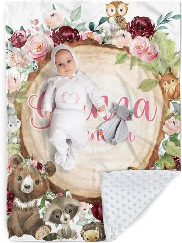 Miniatura 12 de Manta de bebé personalizada, nombre personalizado con diseño de animales del bosque, manta de felpa suave con respaldo punteado de doble capa
